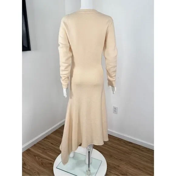 Jil Sander Womens Asymmetric-Hem Merino Wool Midi Sweater Dress Natural Sz 4 - Picture 9 of 12